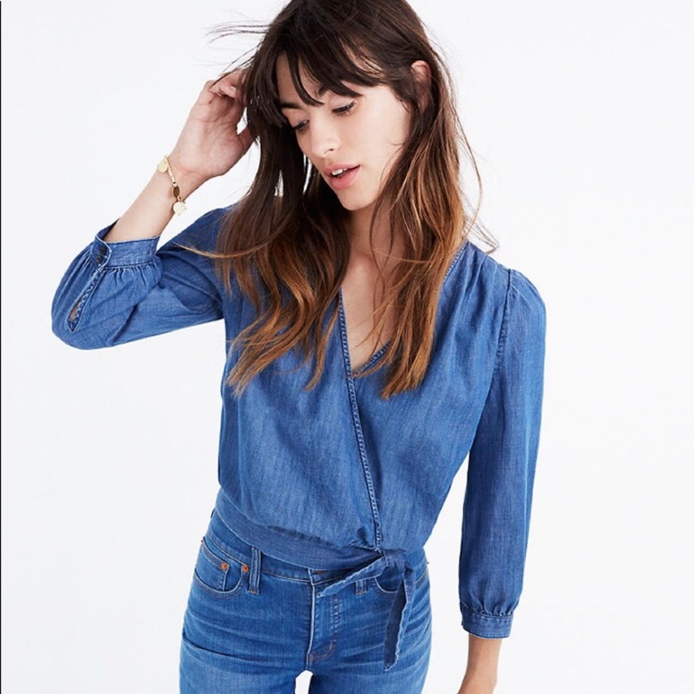 Madewell denim wrap top with tie